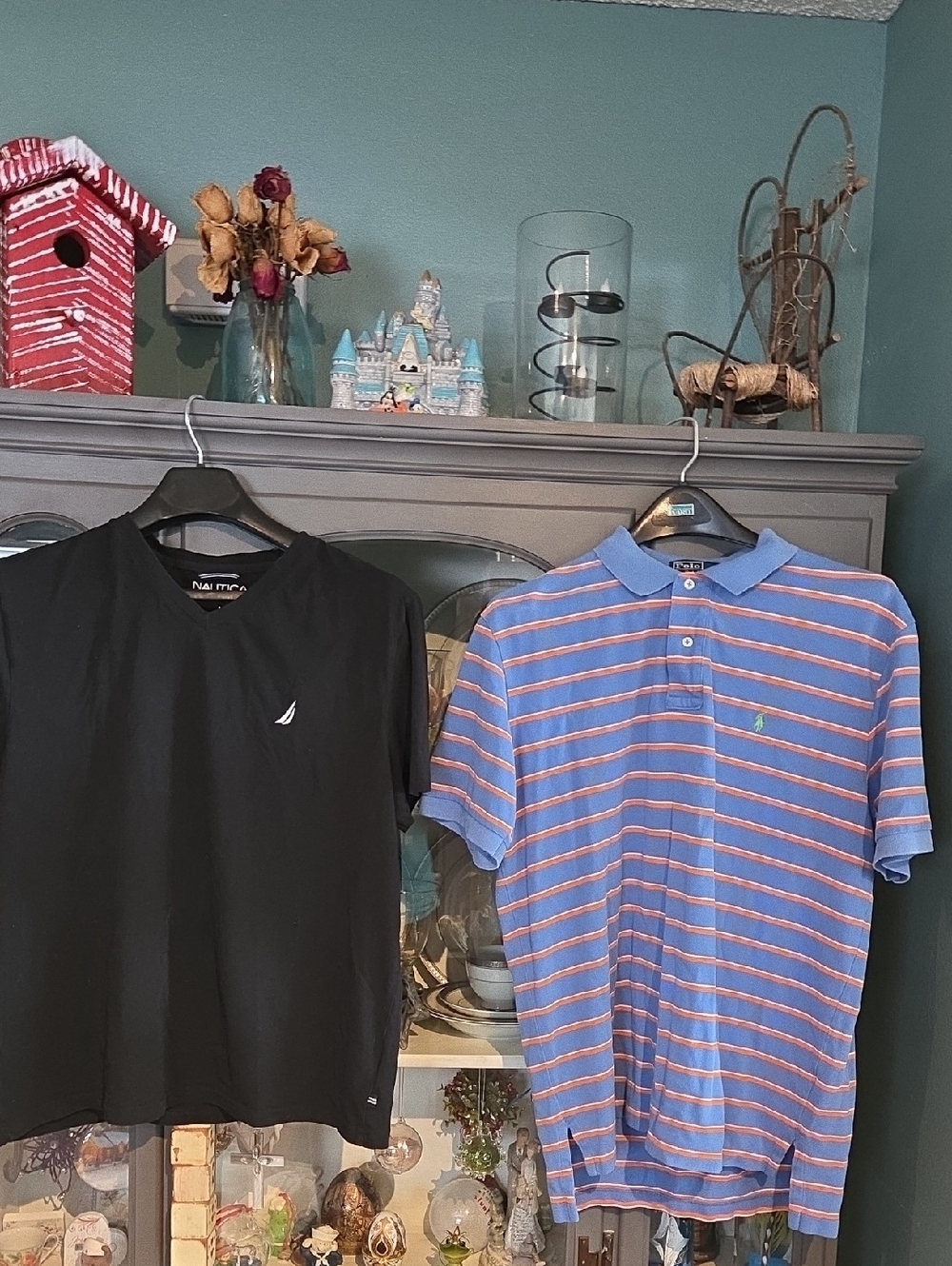 Nautica Black V-Neck Tee & Blue with Pink Stripe Polo